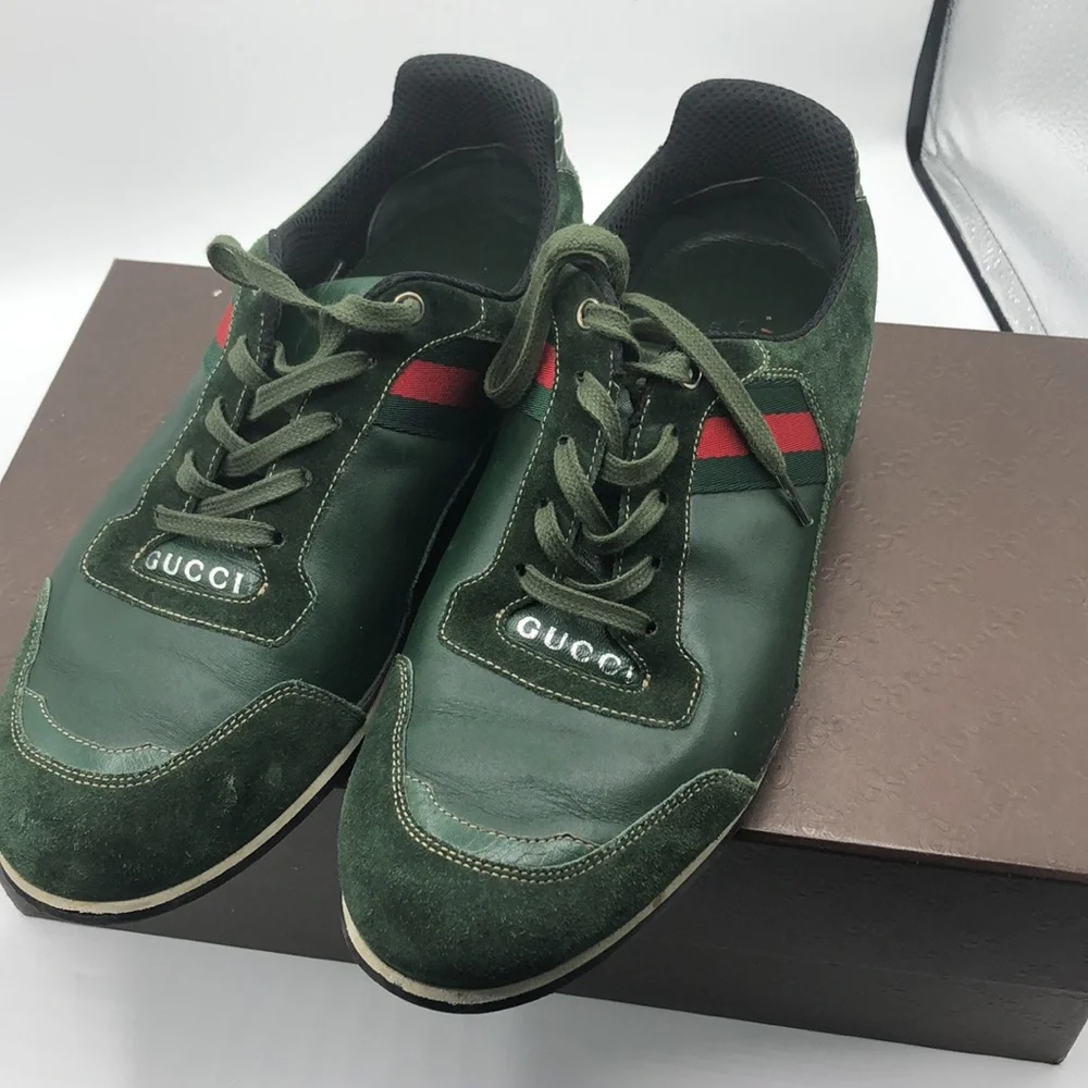 Gucci Green Leather Suede Web Stripe Lace Up Sneakers Mens 7-7.5 Made in Italy